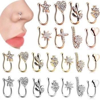 various types of nose piercings with different shapes and sizes on each one side, including an