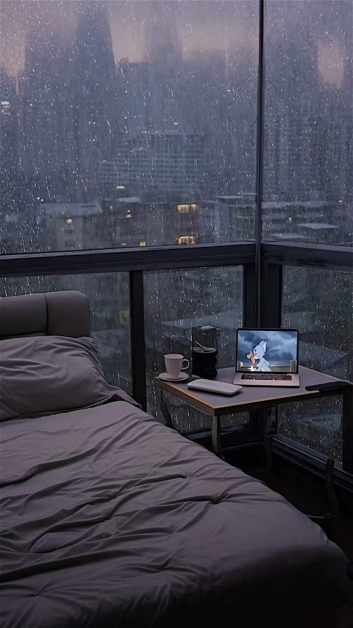 a bed sitting in front of a window next to a desk with a laptop on it