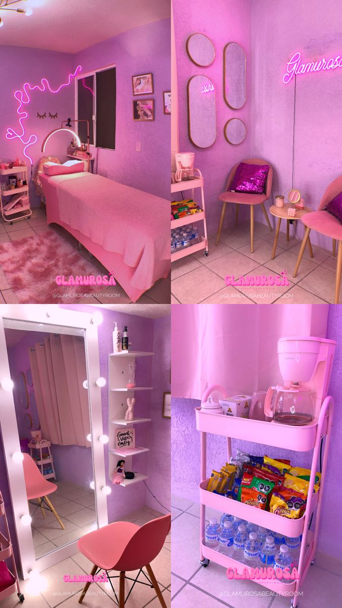 a pink bedroom with lots of furniture and accessories in it's room, including a vanity