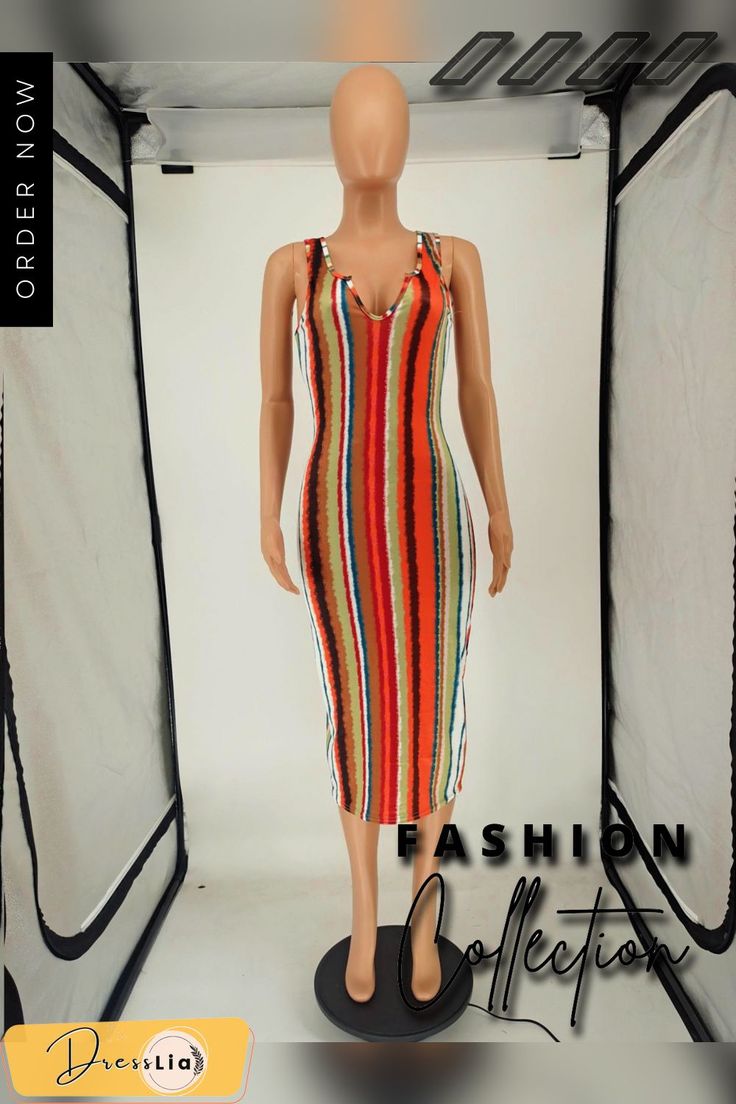 Summer Clothing Color Stripe Print Sleeveless V Neck Sexy Skinny Club Party Women Long Dress Casual Multicolor Bodycon Dress For Party, Multicolor Casual Bodycon Dress For Party, Casual Multicolor Bodycon Party Dress, Multicolor Midi Bodycon Dress For Party, Multicolor Midi Bodycon Party Dress, Trendy Multicolor Bodycon Dress For Party, Trendy Multicolor Bodycon Party Dress, Multicolor Sleeveless Dress For Summer Night Out, Sleeveless Multicolor Mini Dress For Night Out