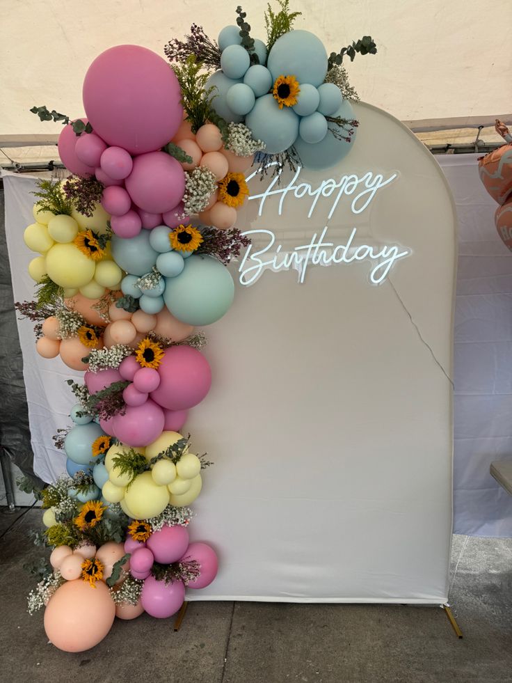 a happy birthday sign surrounded by balloons and flowers