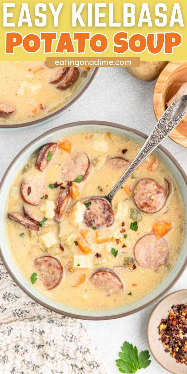 two bowls of easy kielbasa potato soup