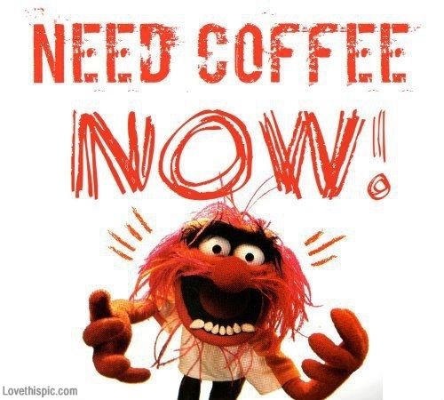 an image of a cartoon character with the words need coffee now written in red on it