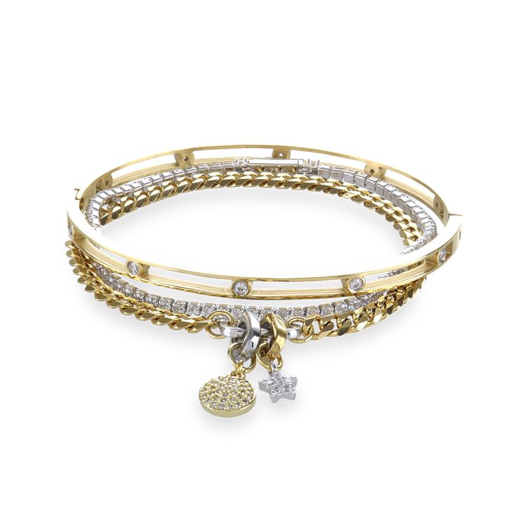 The Golden Gear Bracelet Stack, a three-piece gold bracelet stack featuring a bangle with diamond-like accents, a diamond-like tennis bracelet, and a chain bracelet with two charms. Luxury Classic Charm Bracelet, Silver And Gold Bracelets, Where To Get Cute Jewelry, Everyday Bracelet Stack, Pandora Bracelet Stack, Gold Silver Jewelry Mix Jewellery, Stockholm Jewelry, Mixing Gold And Silver Jewelry, Designer Bracelet Stack