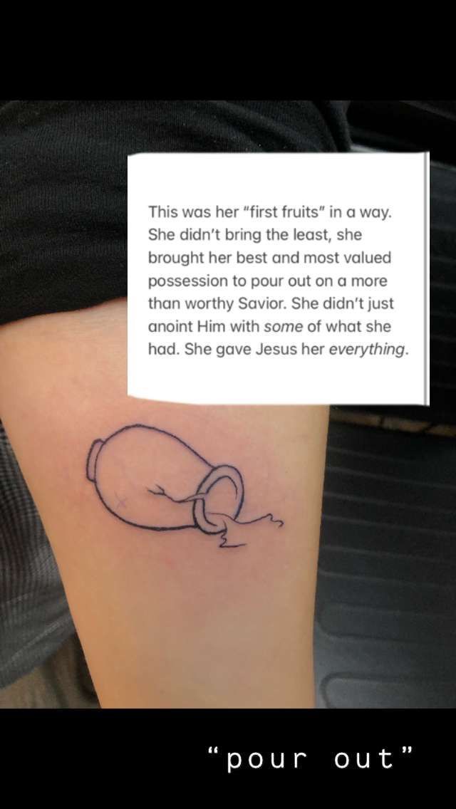 a small tattoo on the leg of a woman's arm that reads, this was her first fruit in a way