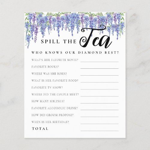 a purple and green floral bridal game with the words spill the tea on it