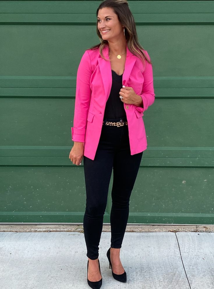 Hot pink blazer for work #justpostedblog #ShopStyle #shopthelook #MyShopStyle #OOTD #LooksChallenge #ContributingEditor #Lifestyle Pink Blazer Outfit Classy Dressy, How To Style A Hot Pink Blazer, Outfits With A Pink Blazer, Hot Pink Top Outfit Work, Pink Blazer Black Pants Outfit, Fushia Jacket Outfit Blazers, Hot Pink Blazer Outfit Night, Neon Pink Blazer Outfit, Barbie Pink Blazer Outfit