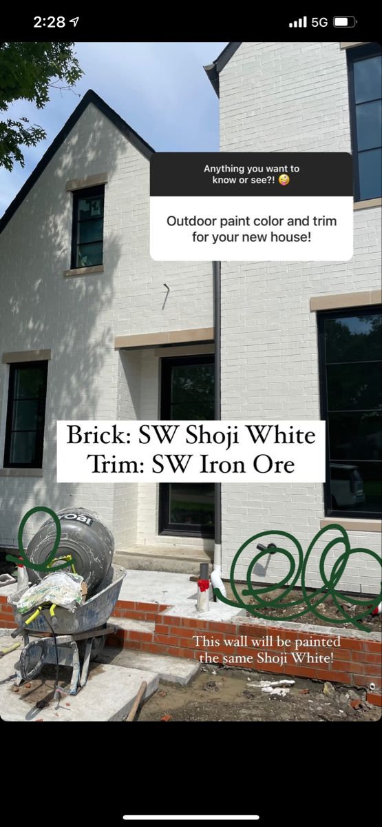 an image of a house being built with the words brick s w shop white trims