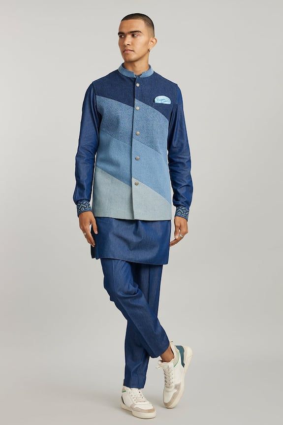 Blue denim bundi with tonal colour block patterns and welt pockets. - Aza Fashions Denim Colour, Nehru Jacket, Nehru Jackets, Block Patterns, Colour Block, Colored Denim, Pattern Blocks, Mandarin Collar, Denim Top