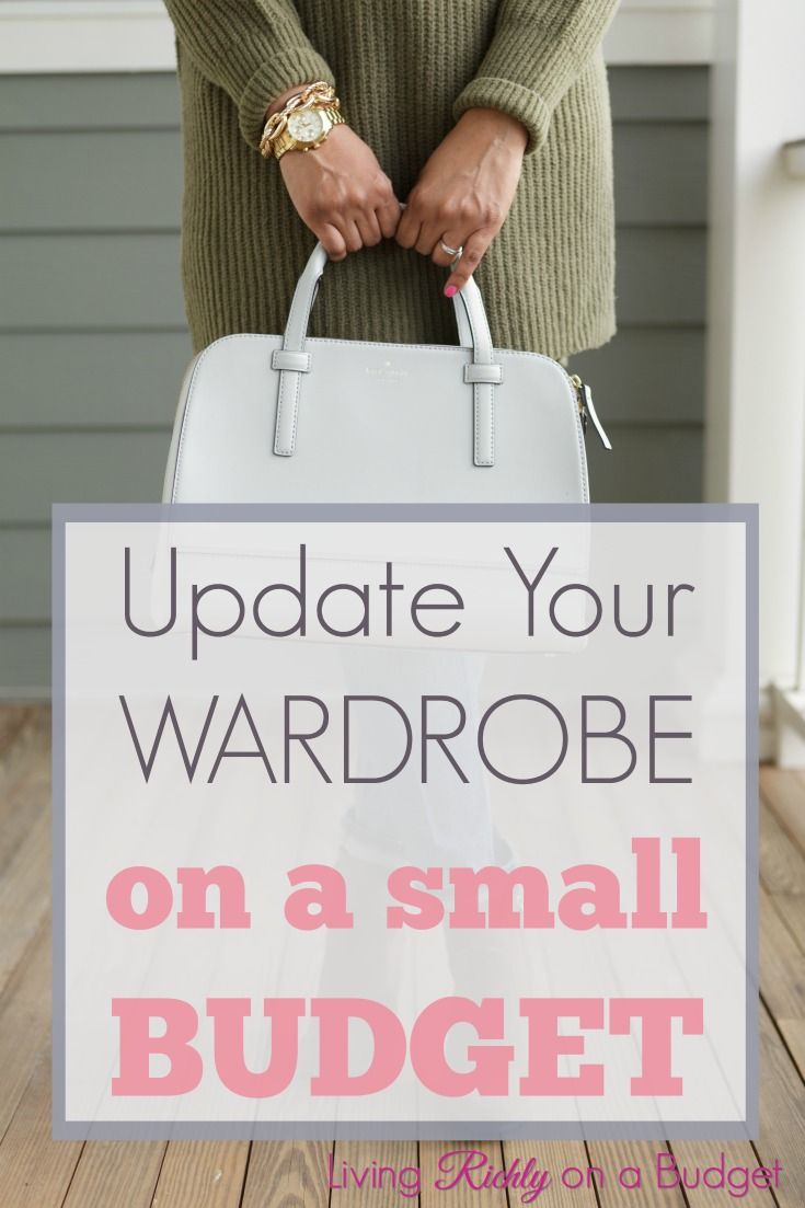 a woman holding a white purse with text overlay that reads update your wardrobe on a small budget