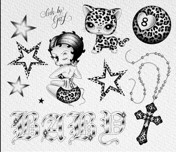 an image of some tattoos with cats and stars on them, including the word babe