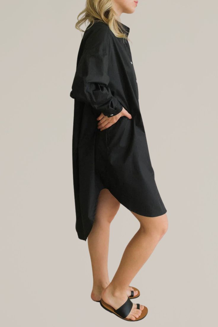 this oversize, cotton button down shirtdress is going to be your new go-to closet staple. can be worn casually everyday with a pair of sandals or sneakers, or can be dressed up with a belt and strappy heels. the styling choices are endless with this one. 100% cotton side pockets unlined hand wash cold | hang dry | cool iron do not dry clean model is wearing size small if in between sizes, we recommend sizing down Oversized Buttoned Shirt Dress, Casual Oversized Button-up Shirt Dress, Oversized Shirt Dress With Button Closure For Work, Oversized Cotton Shirt Dress With Button Cuffs, Trendy Relaxed Fit Shirt Dress For Daywear, Spring Shirt Dress For Workwear With Curved Hem, Chic Black Relaxed Fit Shirt Dress, Chic Black Shirt Dress With Relaxed Fit, Black Relaxed Fit Shirt Dress For Spring