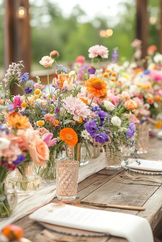 a long table with flowers in vases on it