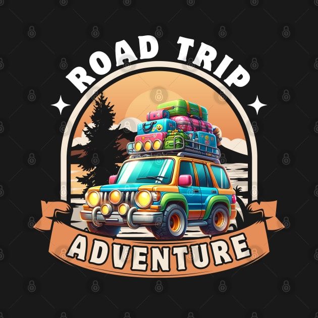 a van with luggage on the roof and road trip adventure sign in front of it