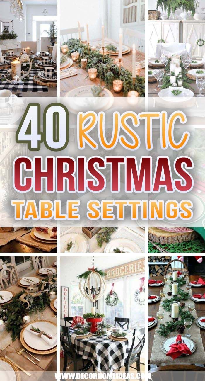 a collage of christmas table settings with the words rustic christmas table settings on them