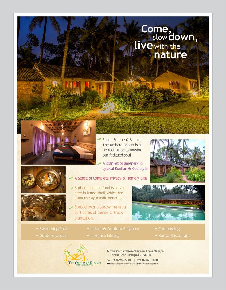 an advertisement for a resort at night with images of rooms and trees in the background