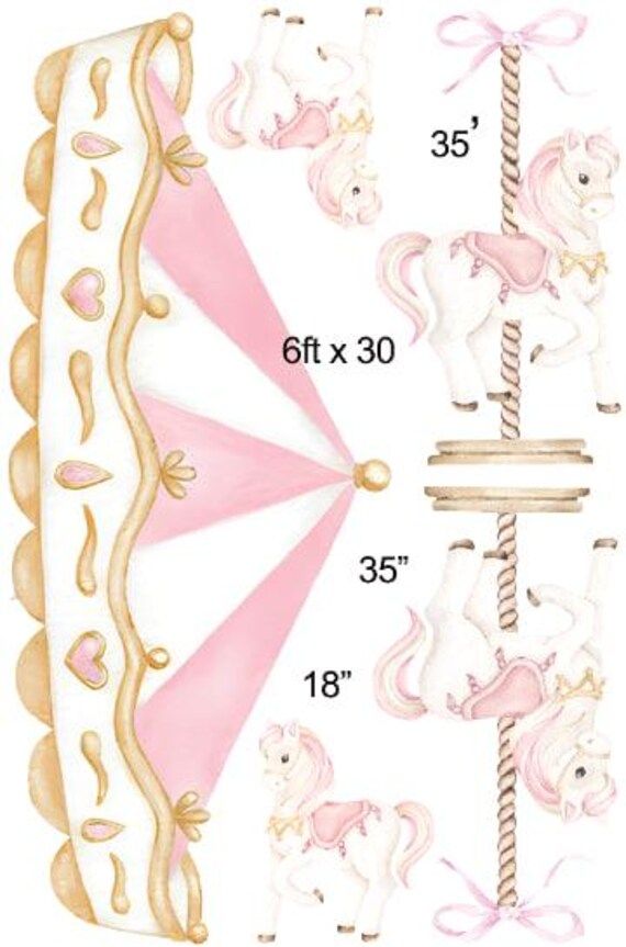 a drawing of a carousel with pink and white horses