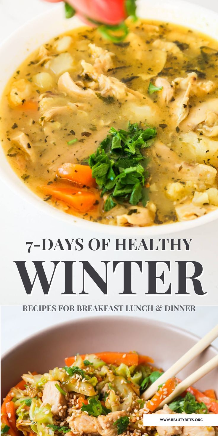 the cover of 7 days of healthy winter meals for breakfast, lunch and dinner with vegetables