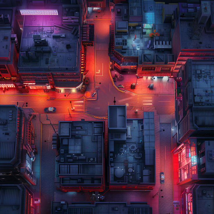 an aerial view of a city at night with red lights on the streets and buildings