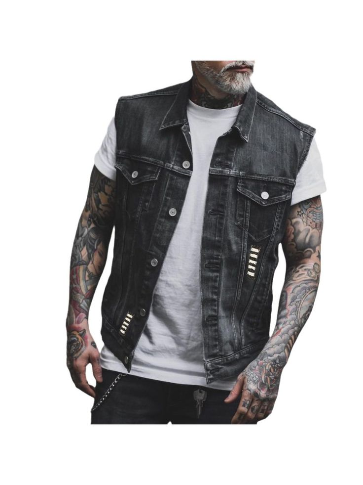 Men Short Sleeve T-shirts, Men's Vintage Rock Punk Route 66 Motorcycle Print Washed Distressed Ripped Denim Vest Skull Wings, Jeans West, Punk Skull, Rock Punk, Vintage Rock, Ripped Denim, Skull Print, Route 66, Denim Vest