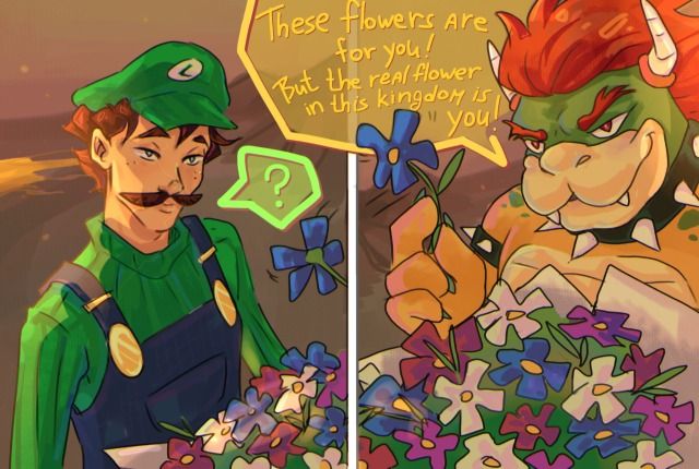 there are two cartoon characters with flowers in front of them and one is holding a sign that says, these flowers are for you