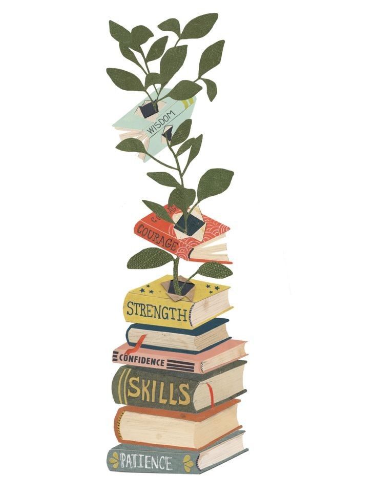 a stack of books with a plant growing out of it's top and the words strength on them