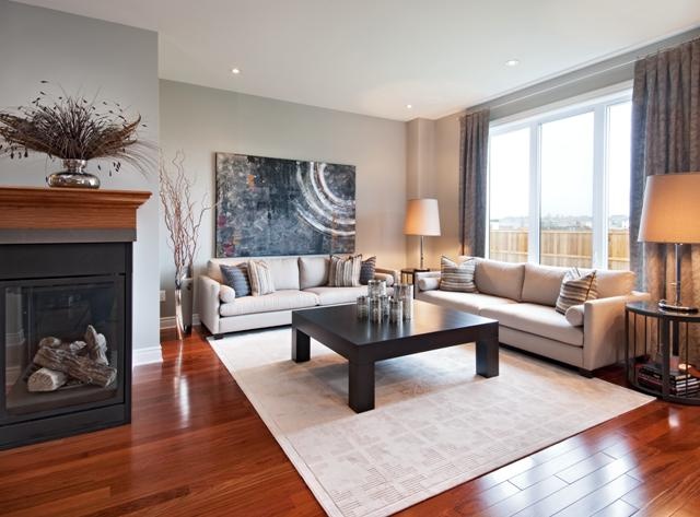 a living room filled with furniture and a fire place in front of a large window