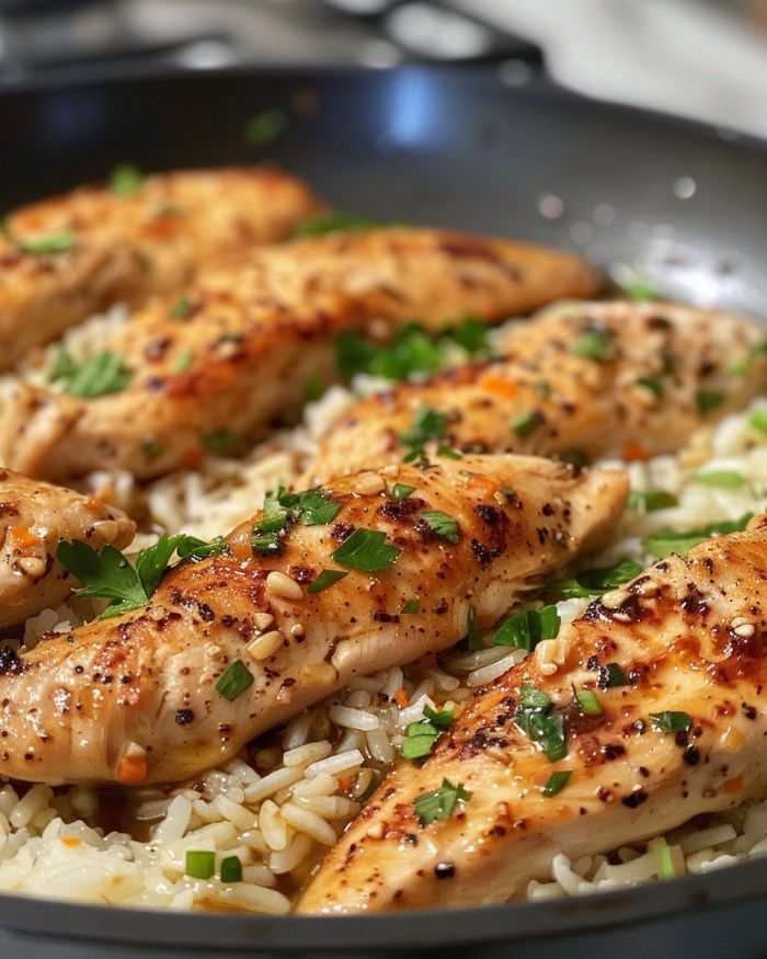 chicken and rice in a skillet with garnishes on the side, ready to be eaten