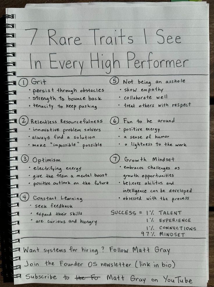 a notepad with writing on it that says 7 rare trails i see in every high performer