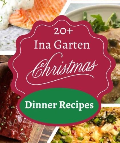 christmas dinner recipes with the title in red and green overlaying it's image