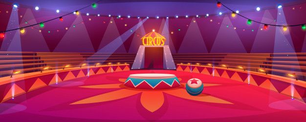 an empty circus stage with lights and decorations