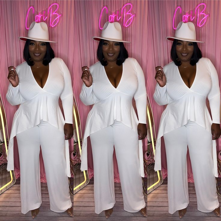 Two-piece set, Long top, Long sleeves, V-neck, High waisted pants, Elastic waistband, no closure. No Closure, Two Piece Sets, High Waisted Pants, Long Tops, Pants Set, Two Piece, Jumpsuit, Long Sleeves, High Waisted