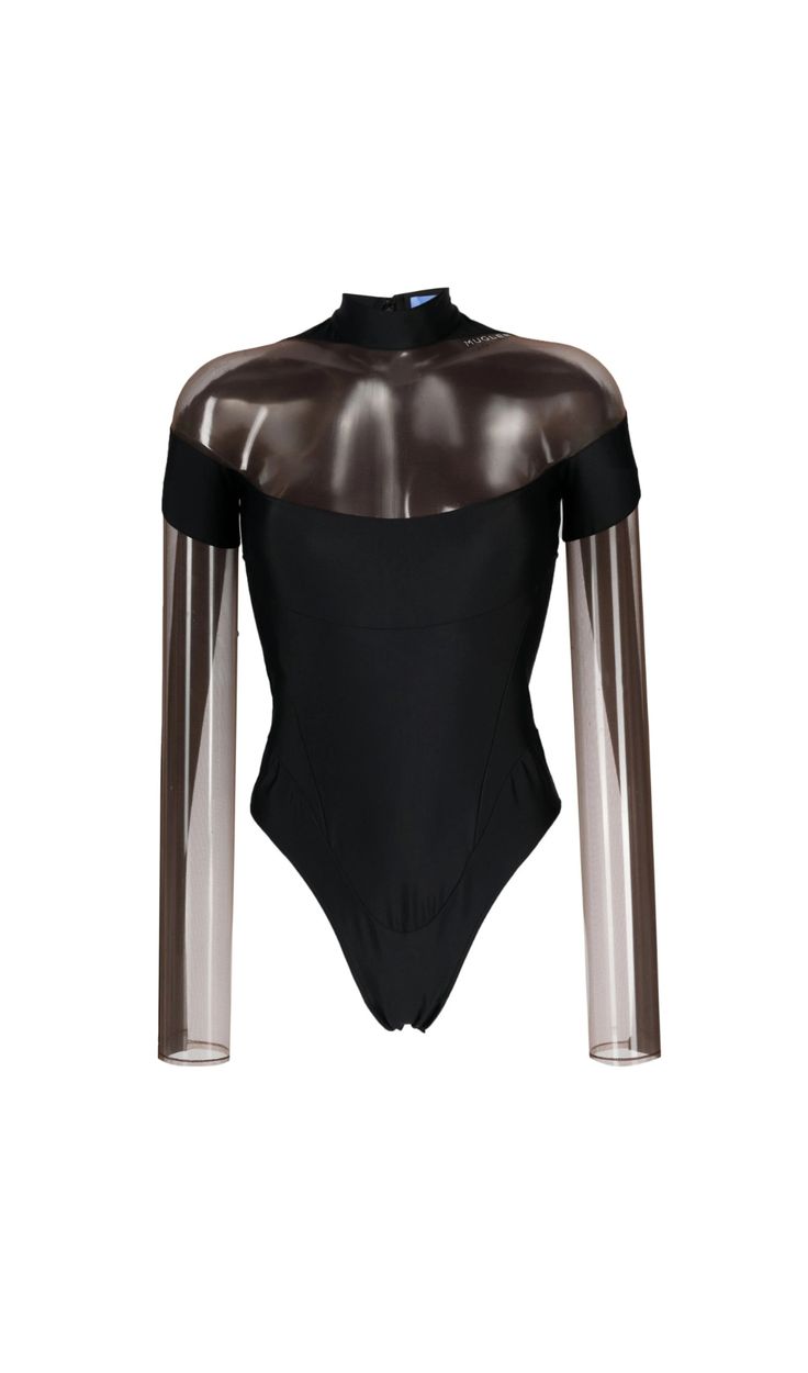 "Transform any outfit with our Black Illusion Neckline Bodysuit. This sleek and versatile piece features an alluring illusion neckline that adds a touch of intrigue to your look. Perfect for day or night, this bodysuit is a must-have addition to your wardrobe. Black Made from sheer mesh panels at shoulders and sleeves Off-the-shoulder illusion cut Long sleeves High neck Concealed zip back fastening with Star pull High cut Made in Portugal Colour may vary due to lighting on images. The product im Elegant Nylon Bodysuit For Night Out, Stretch Nylon Bodysuit With Sheer Sleeves, Chic Second-skin Bodysuit With Sheer Detail, Chic Sheer Second-skin Bodysuit, Chic Stretch Bodysuit With Mesh Sleeves, Elegant Evening Nylon Bodysuit, Elegant Evening Bodysuit, Black Fitted Bodysuit With Sheer Sleeves, Fitted Black Bodysuit With Sheer Sleeves