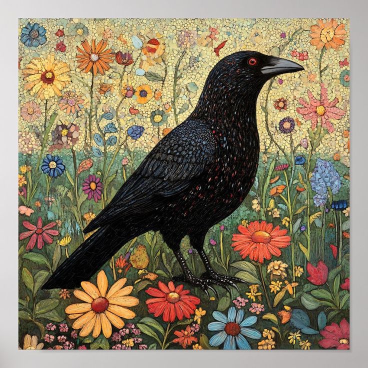 a painting of a black bird sitting on top of a field of flowers and daisies