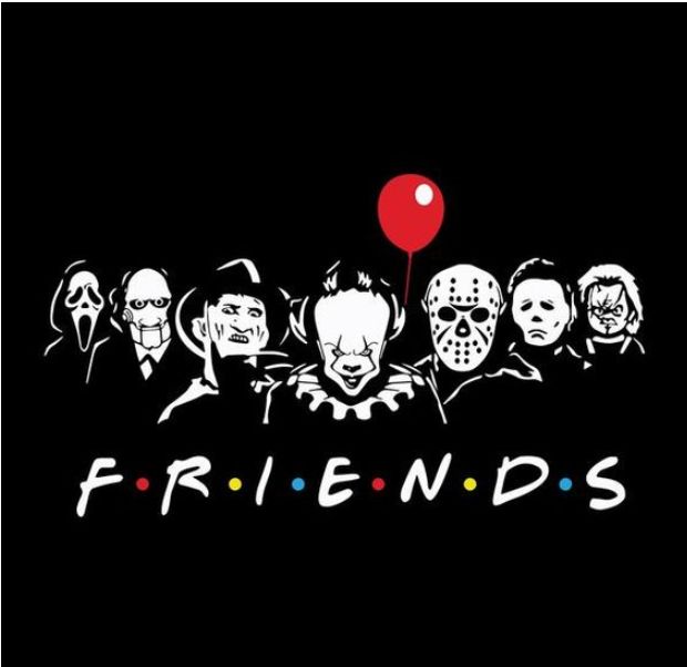 the friends movie poster with balloons and masks on it's face, which reads friends