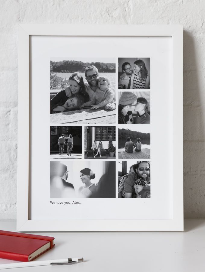 a white frame with black and white photos on it next to a red book, pen and pencil