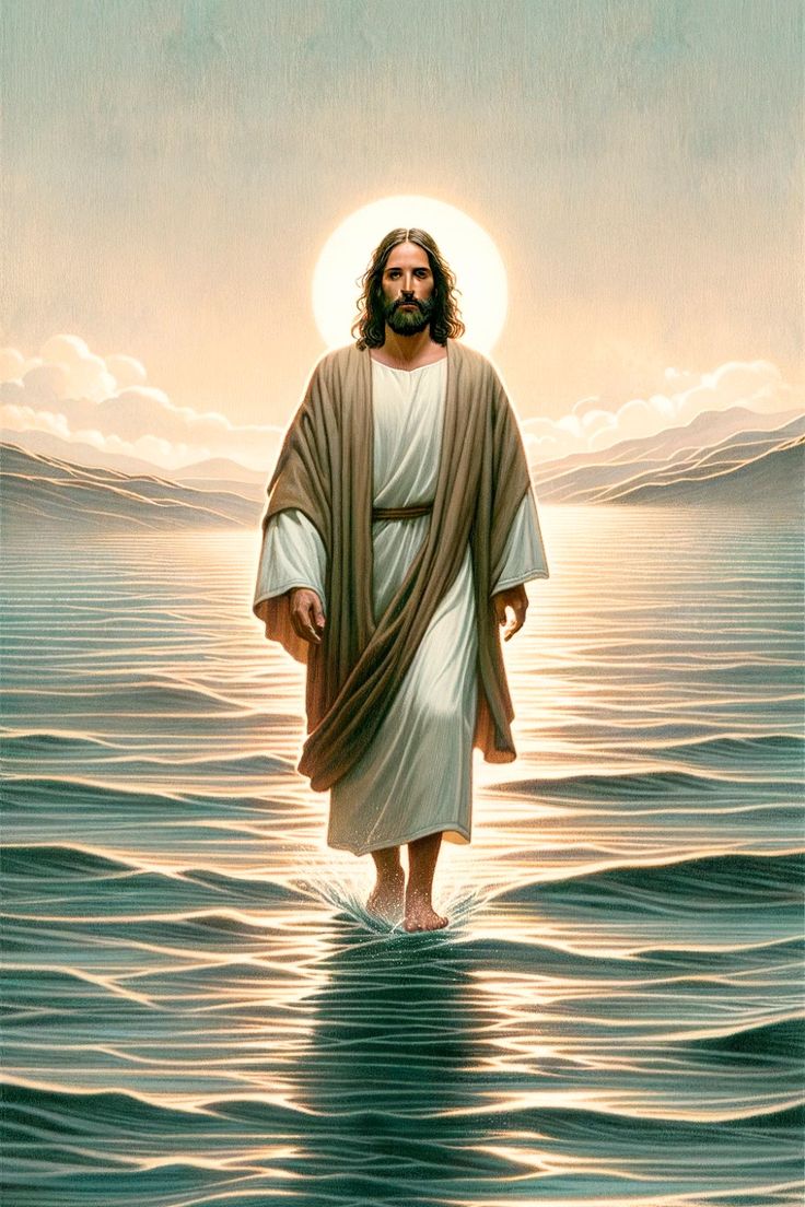 jesus standing in the water with his hands on his hips