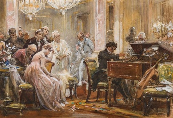 a painting of people sitting around a table in a room with chandeliers hanging from the ceiling