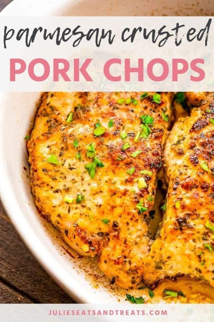 pork chops with parmesan crust in a white bowl