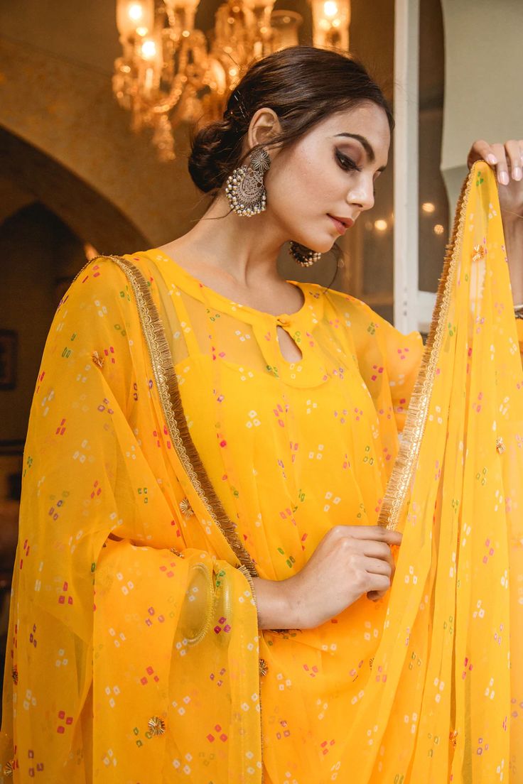 Palazzo Suits in USA| Yellow Georgette Bandhej Print Kurt Palazzo Set Diwali Maxi Length Palazzo Set With Gota Work, Diwali Gota Work Maxi Length Palazzo Set, Navratri Georgette Salwar Kameez, Georgette Palazzo Set With Cutdana For Navratri, Navratri Georgette Palazzo Set With Mirror Work, Navratri Georgette Palazzo Set With Cutdana, Maxi Length Palazzo Set With Mirror Work, Unstitched Maxi Length Palazzo Set For Eid, Yellow Straight Kurta In Georgette