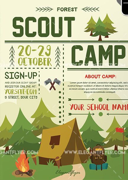 an outdoor camp poster is shown with the words scouts scout and tent in front of it