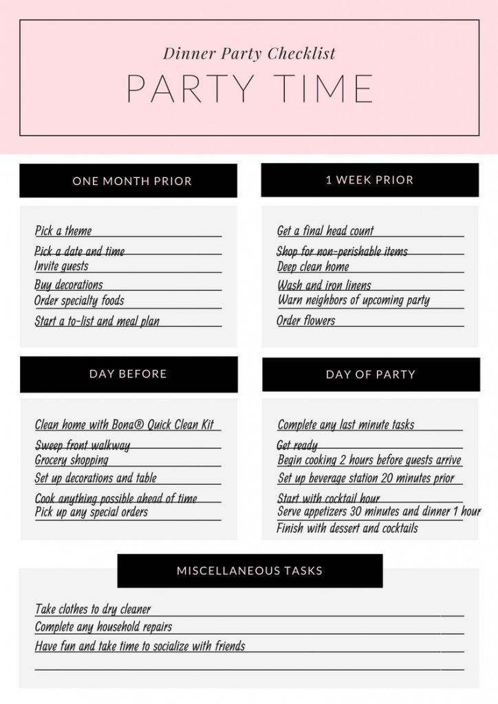 the dinner party checklist is shown in black and white, with pink trimmings