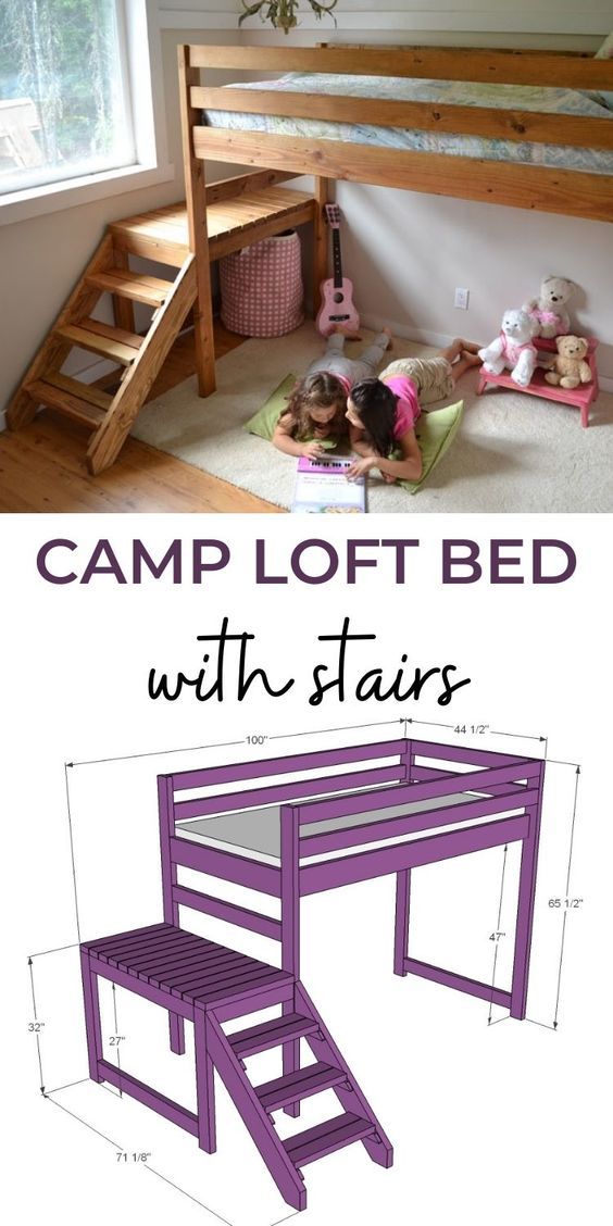 the bunk bed with stairs is made from wood and has two children's toys underneath it