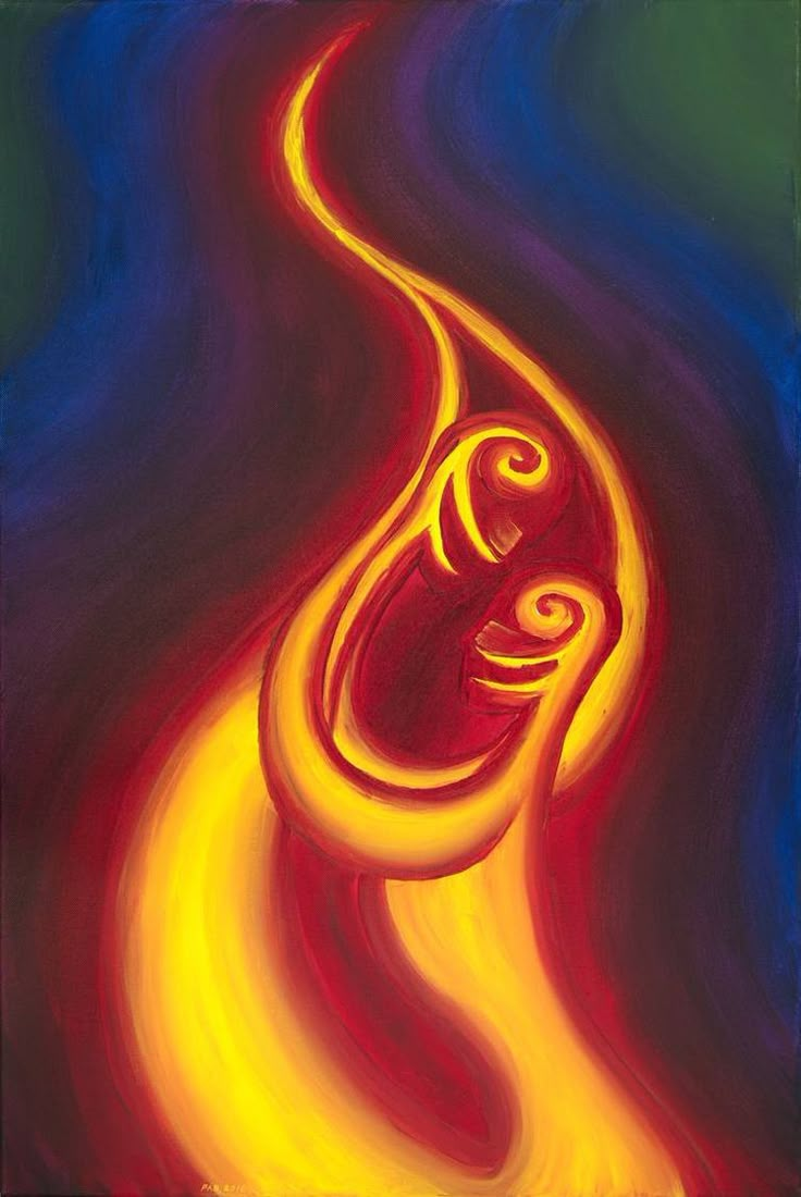 an abstract painting with red, yellow and blue swirls in the center on a black background