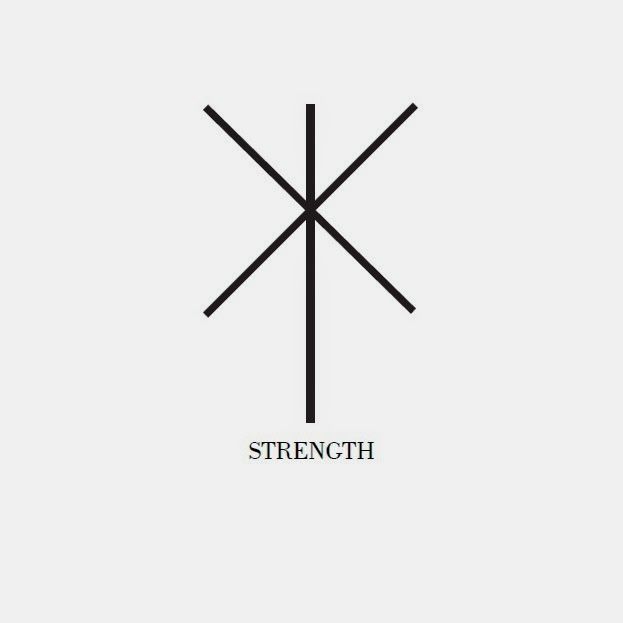 the symbol for strength is shown in black and white, with two intersecting lines above it