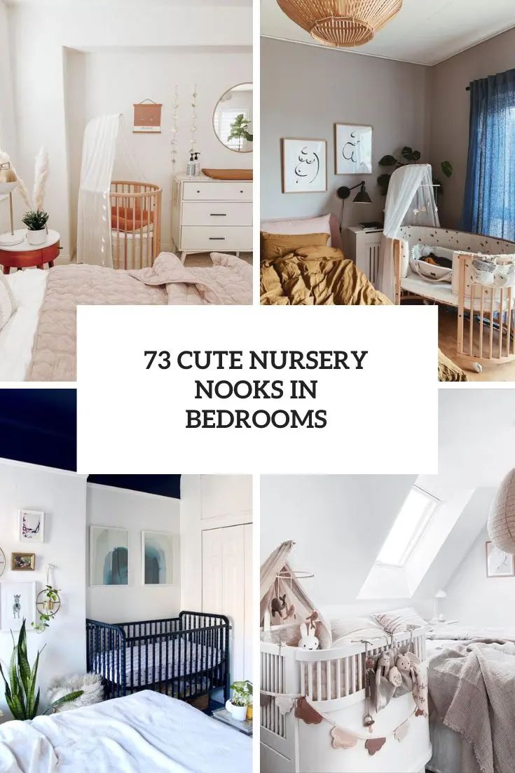 several nursery rooms with white walls and wooden furniture, including cribs, bedding,