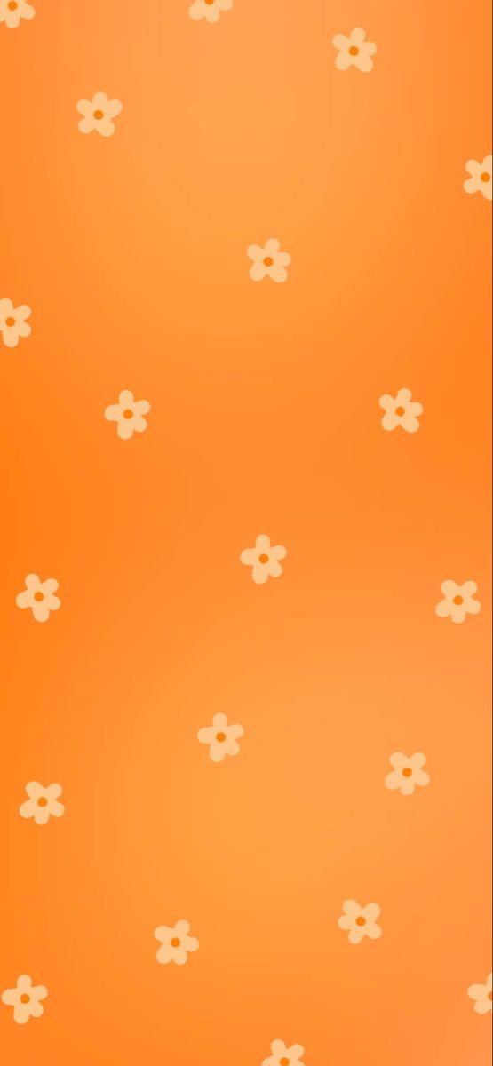 an orange background with small white flowers on the left side and yellow dots on the right side