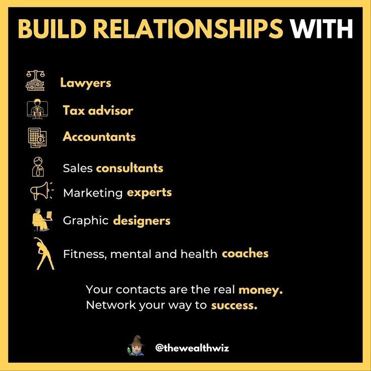 a black and yellow poster with the words build relationships with it's description