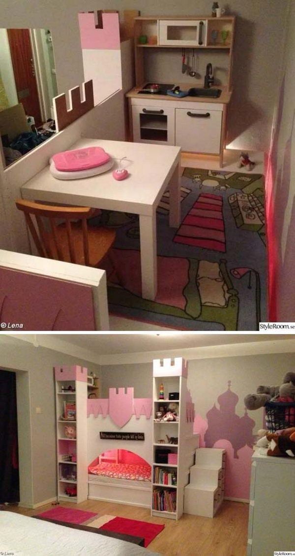 two pictures of a small child's bedroom with pink and white decor on the walls