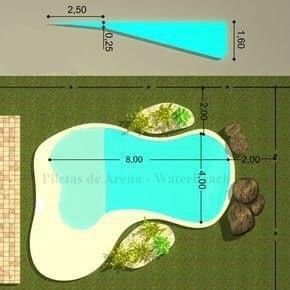 an aerial view of a swimming pool, with measurements for the size and widths